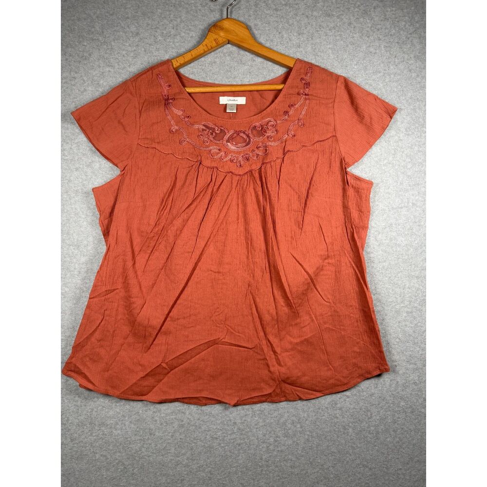 CJ Banks Womens 2X Rust Embroidered Peasant Blouse Short Sleeve NWT 3881